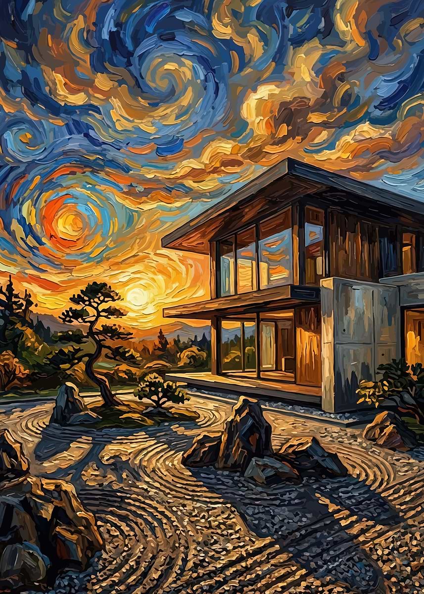 Modern Zen Garden at Sunset' Poster, picture, metal print, paint