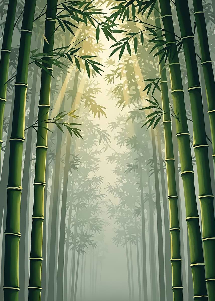 Misty Bamboo Forest with Sunbeams' Poster, picture, metal print