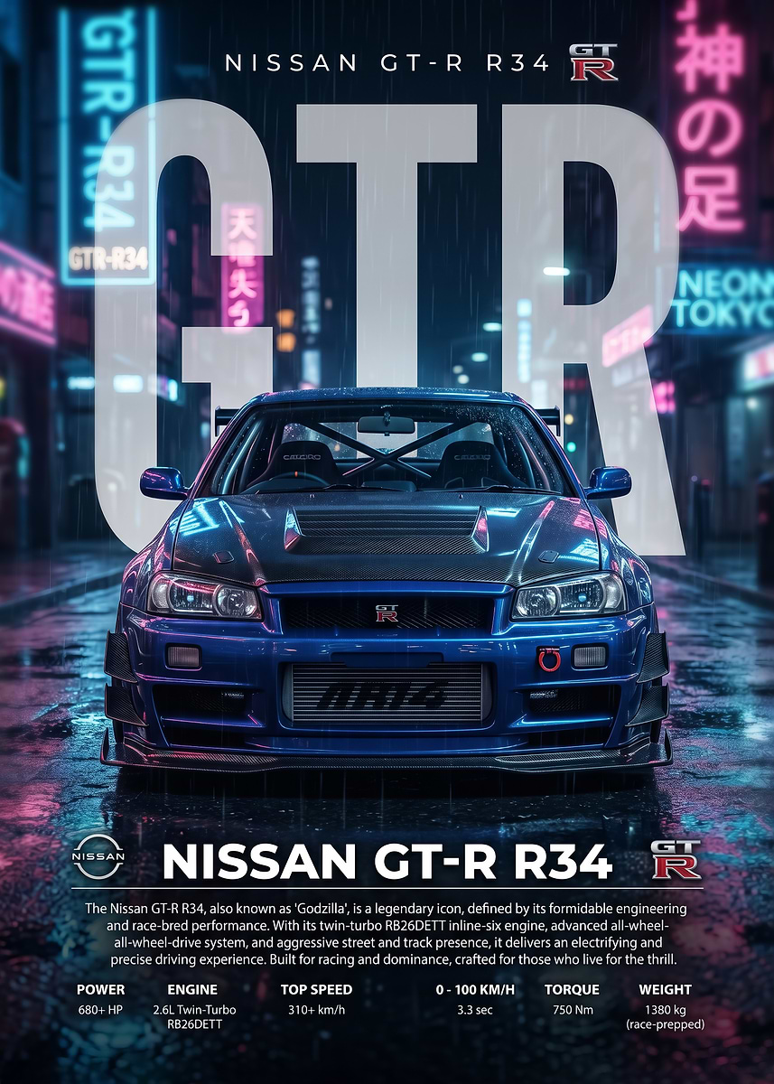 neon Tokyo rain Nissan GT-R R34 Poster' Poster, picture, metal