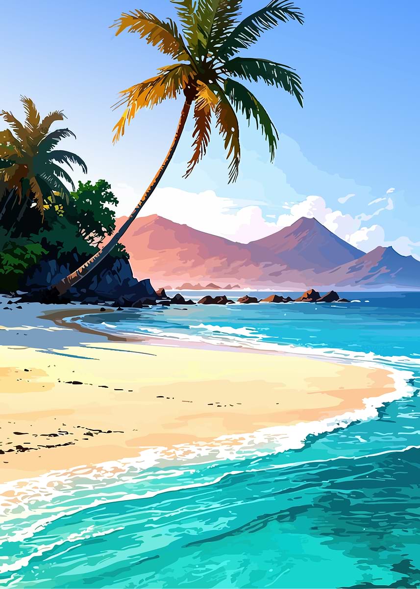 Tropical Beach with Palm Trees and Mountains' Poster, picture
