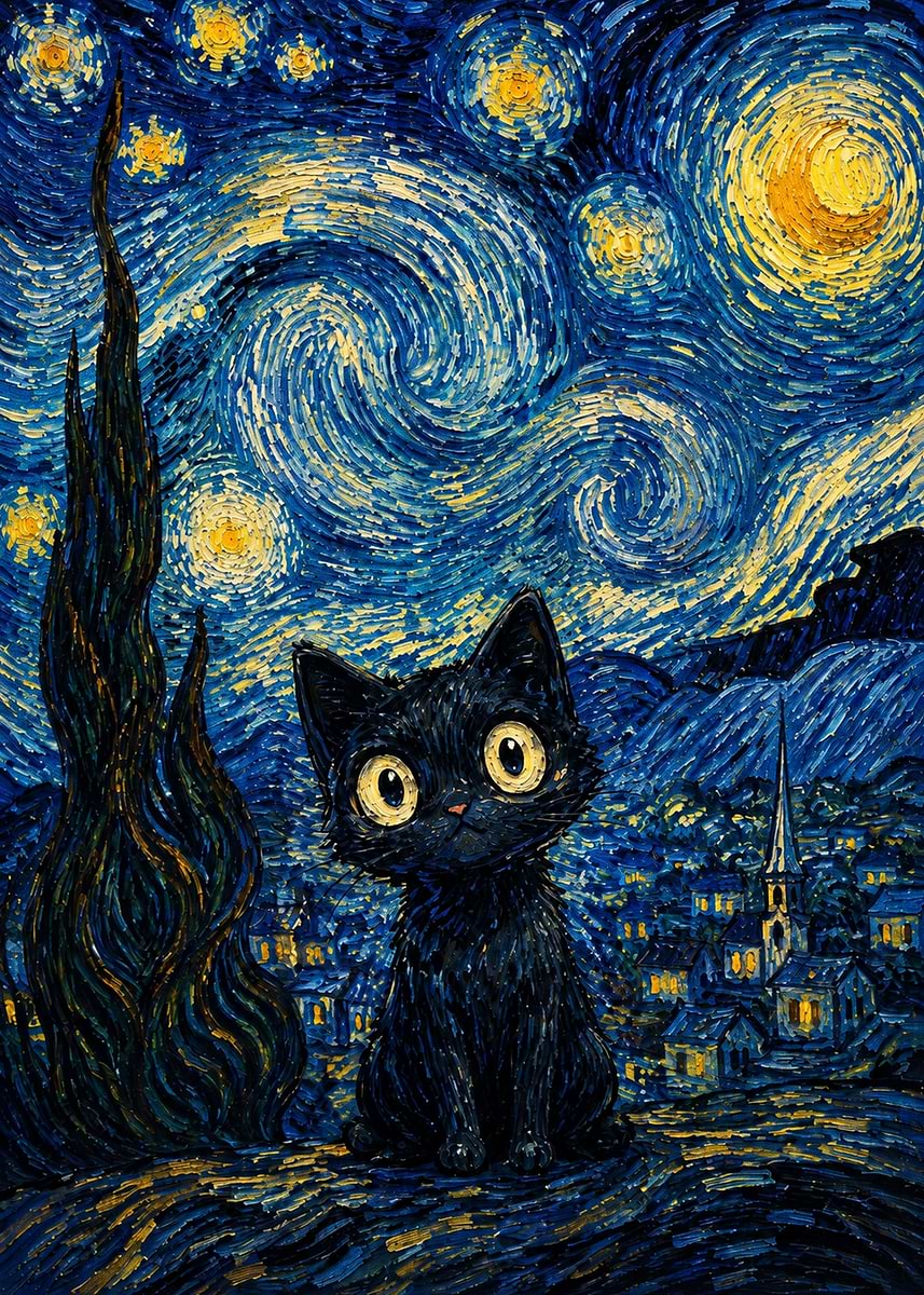 'Black Cat in Starry Night' Poster, picture, metal print, paint by ...