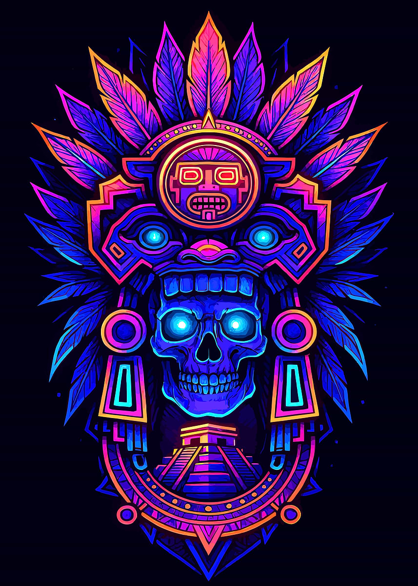 'Aztec Skull Headdress with Pyramid' Poster, picture, metal print ...
