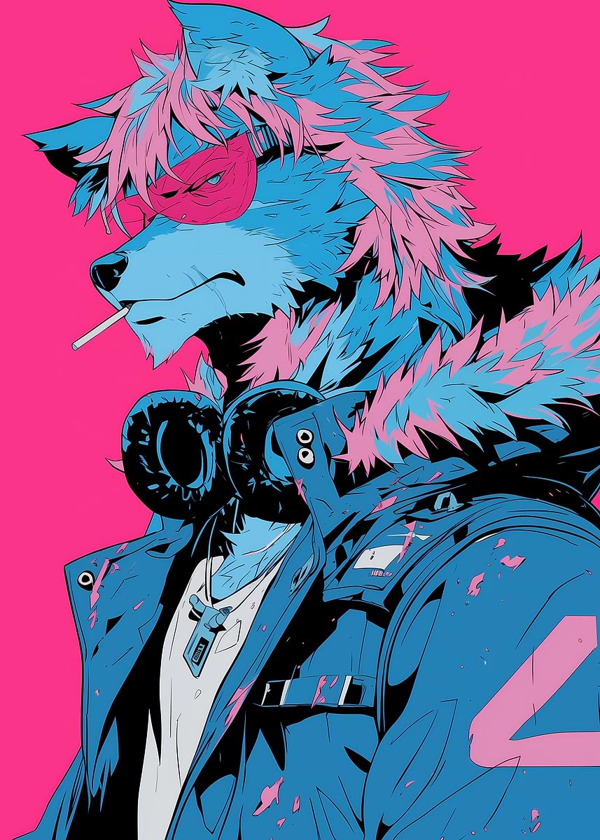 Anthropomorphic Wolf Character with Headphones' Poster, picture