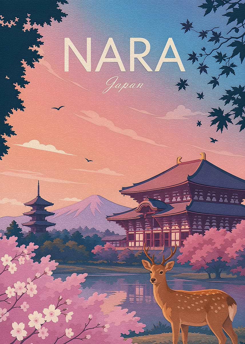 Nara Japan Travel Poster' Poster, picture, metal print, paint by