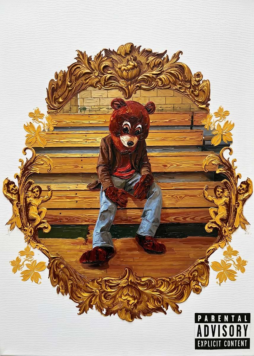 Bear mascot on bleachers album cover' Poster, picture, metal print