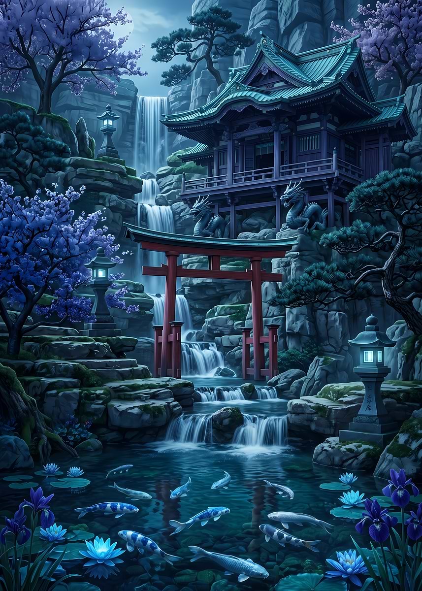 Serene Japanese Garden with Waterfall and Koi Pond' Poster