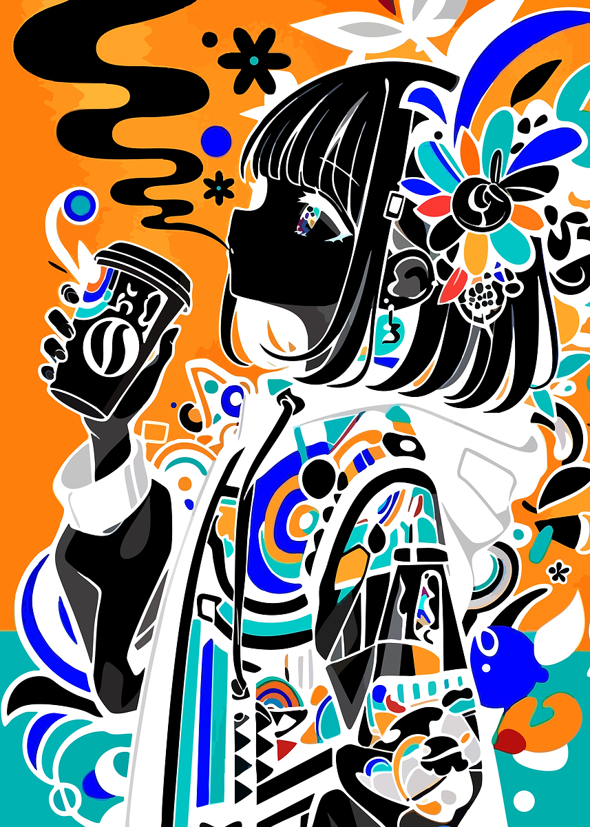 Anime Girl with Coffee and Abstract Art' Poster, picture, metal