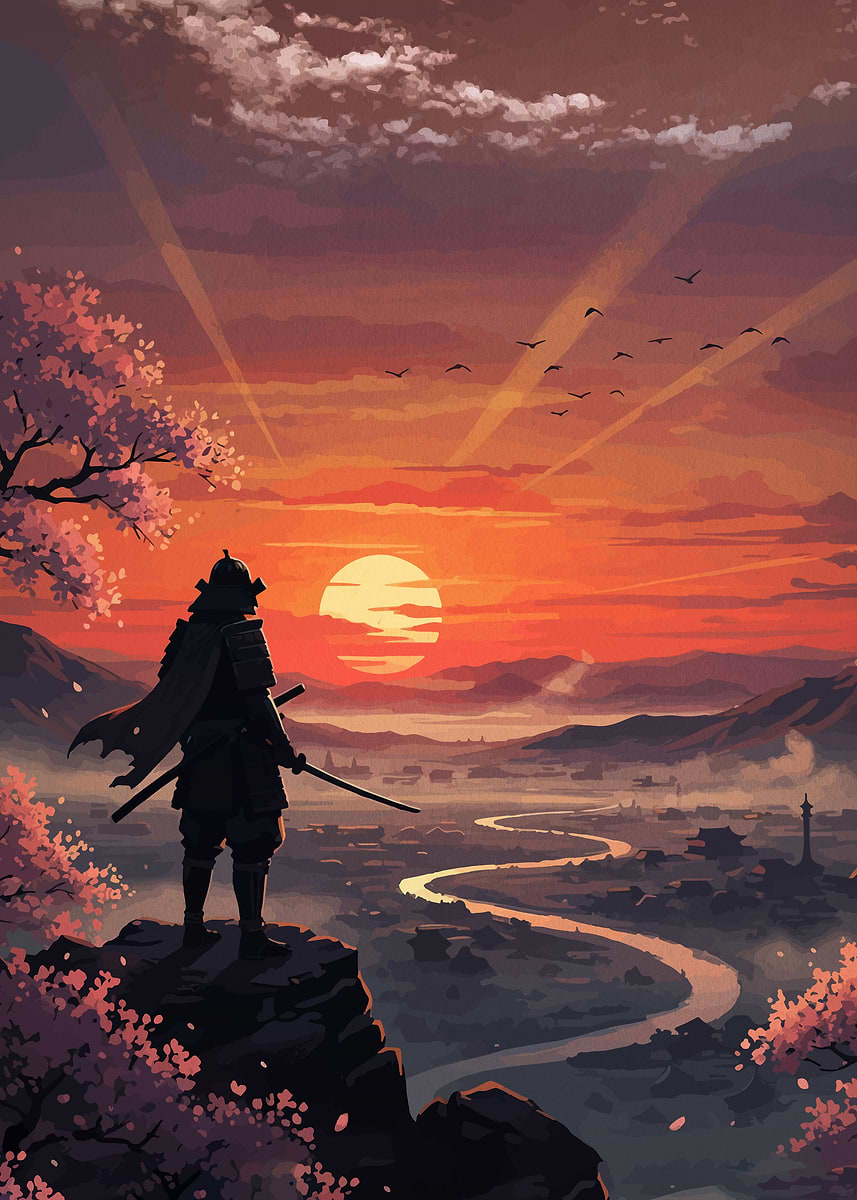 Samurai Overlooking a Valley at Sunset' Poster, picture, metal