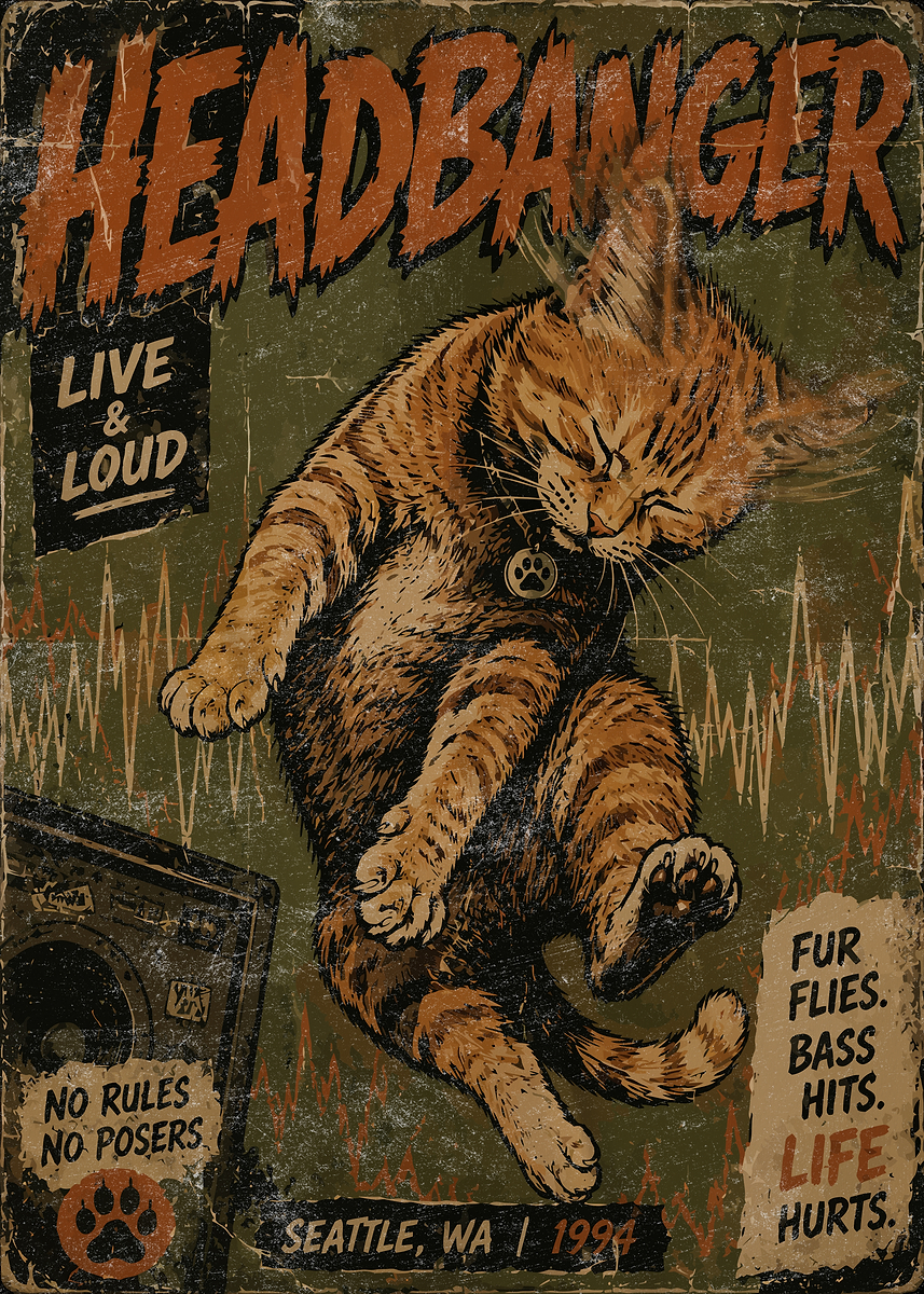 Grunge Headbanger Orange Cat' Poster, picture, metal print, paint