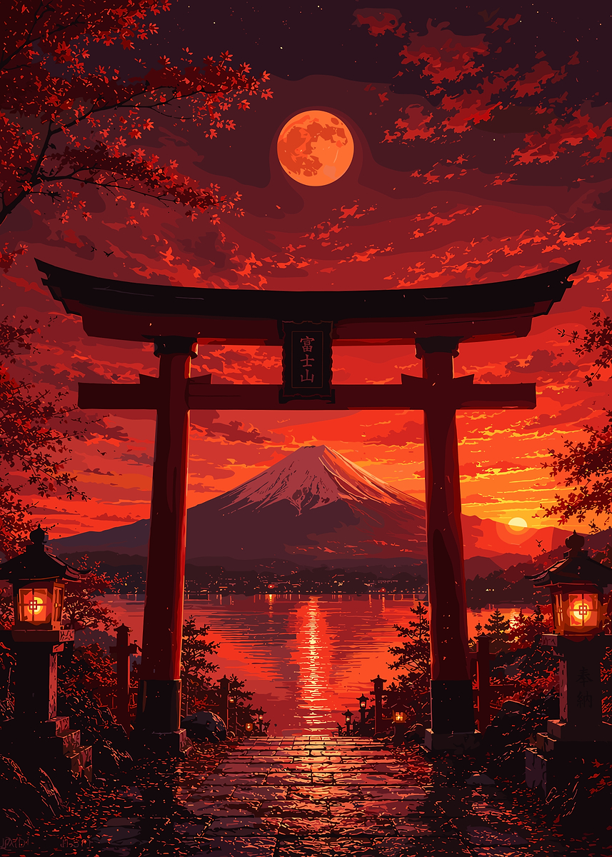 Mount Fuji Torii Gate Sunset' Poster, picture, metal print, paint