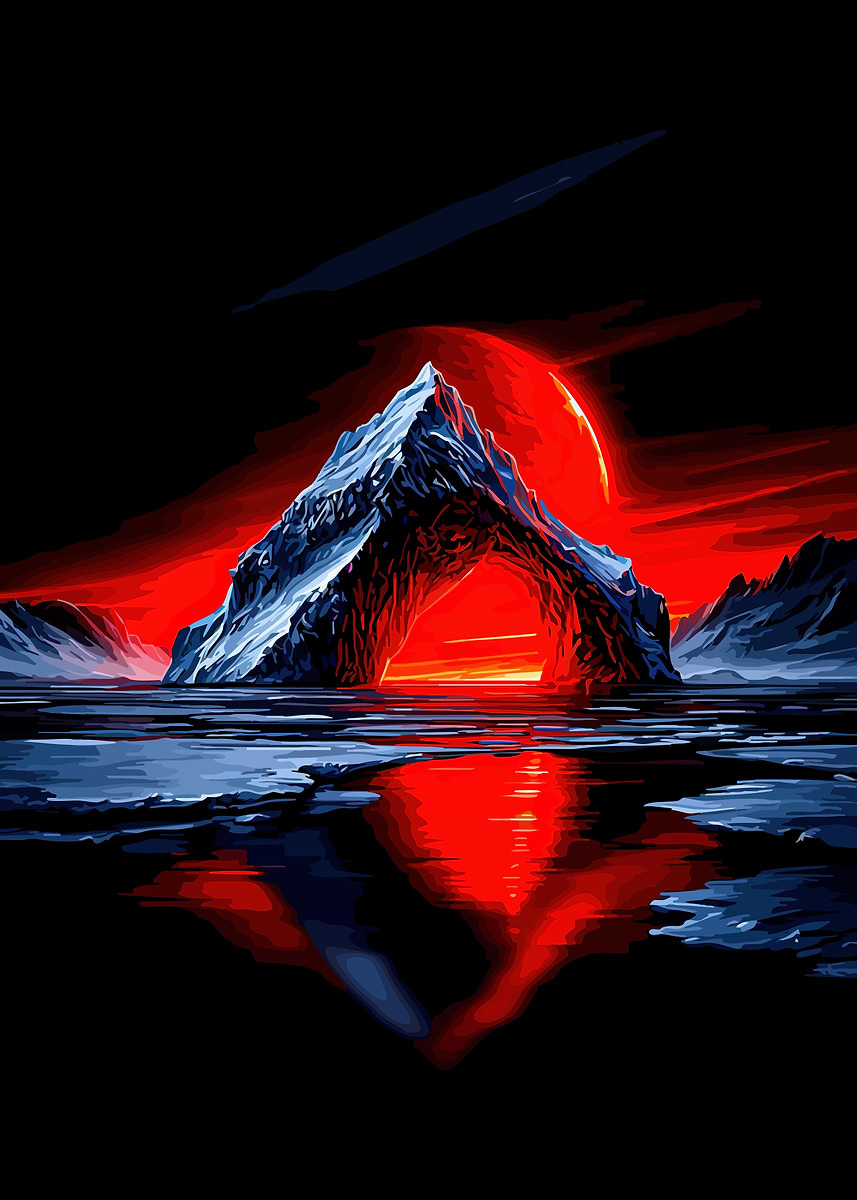Surreal Iceberg Arch with Red Sun' Poster, picture, metal print