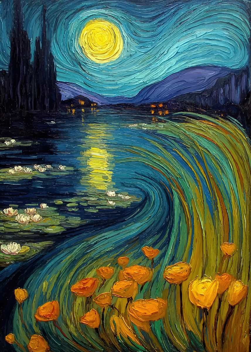 Starry Night Landscape with Flowers' Poster, picture, metal print