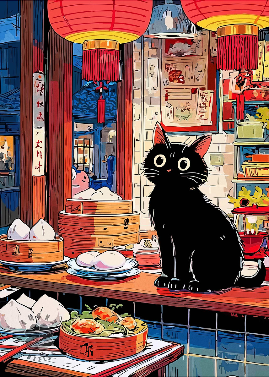 Black Cat in a Dim Sum Restaurant' Poster, picture, metal print