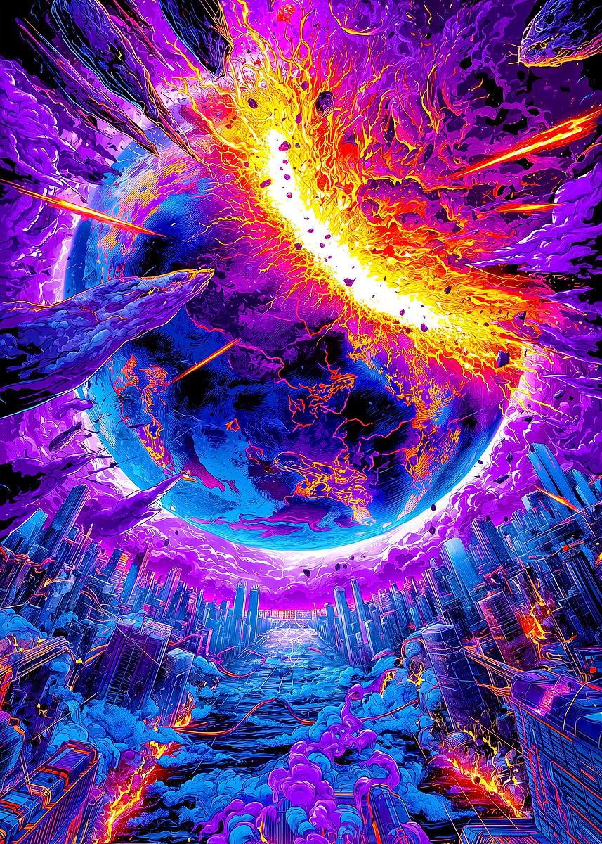 Apocalyptic Planet Collision Over City' Poster, picture, metal