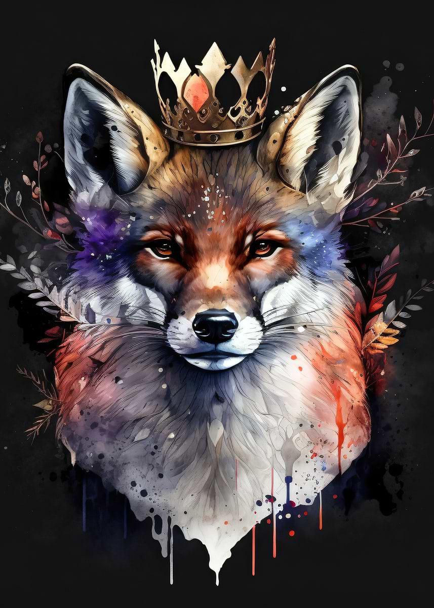 Regal Fox with Crown' Poster, picture, metal print, paint by