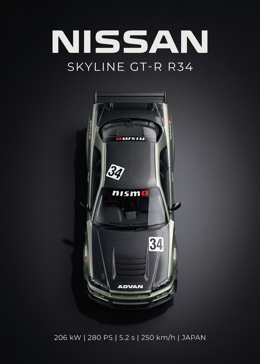 Nissan Skyline GT-R R34 Top View' Poster, picture, metal print