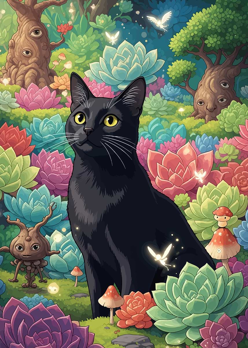 Black Cat in a Magical Garden' Poster, picture, metal print, paint