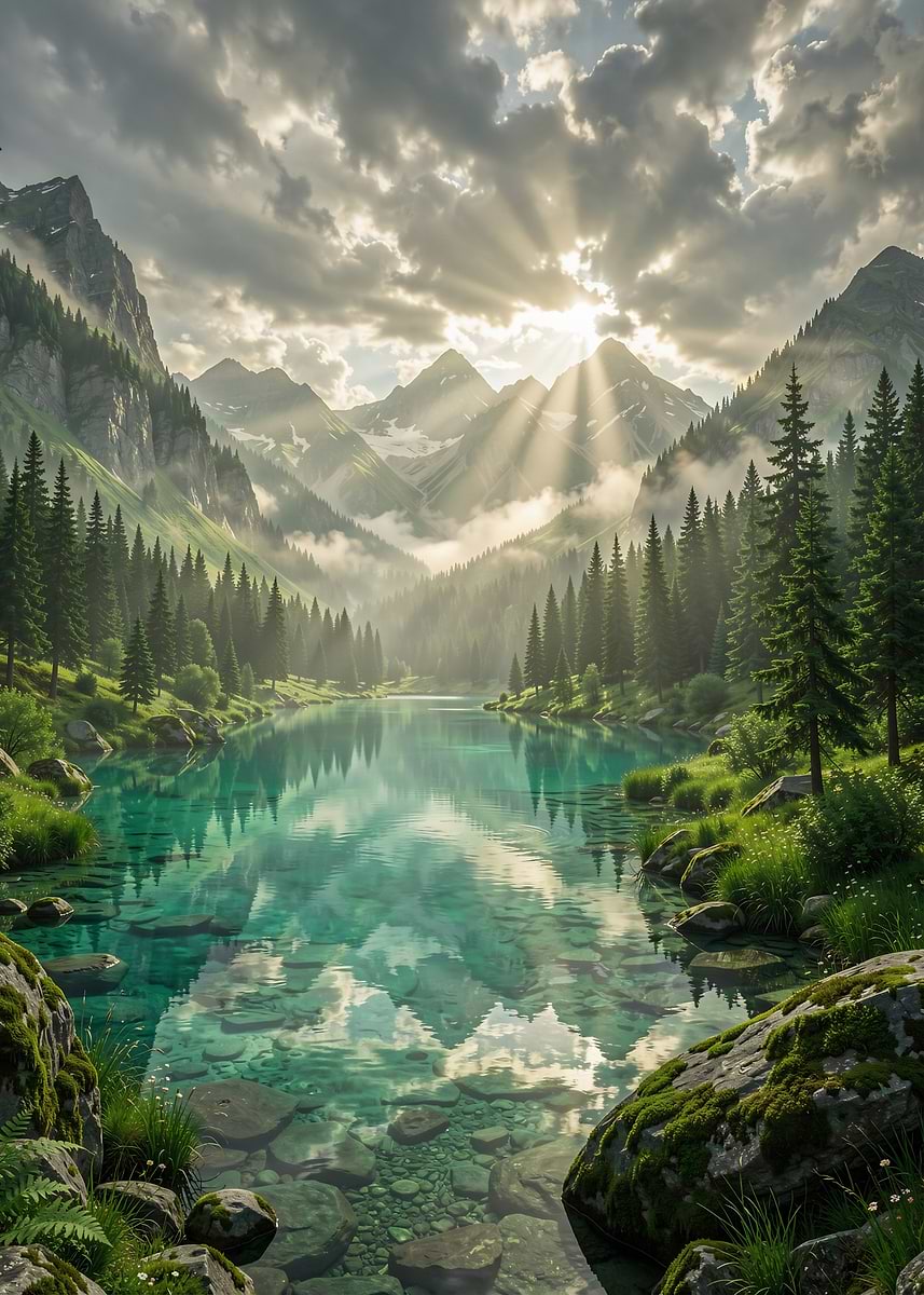 Serene Mountain Lake with Sunbeams' Poster, picture, metal print
