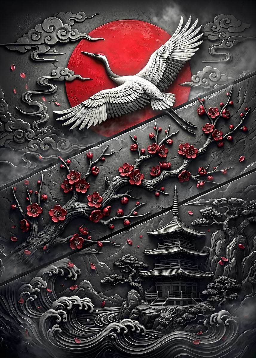 Japanese Crane and Pagoda Relief' Poster, picture, metal print