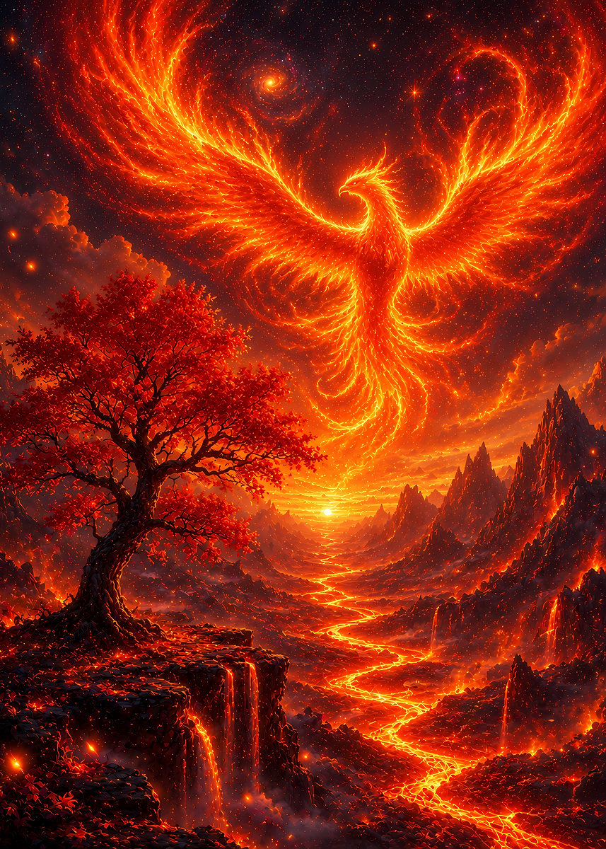 Fiery Phoenix Over Lava Landscape' Poster, picture, metal print