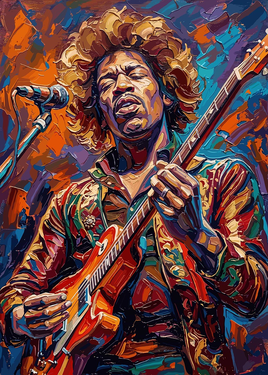 Jimi Hendrix Playing Guitar - oil painting' Poster, picture, metal