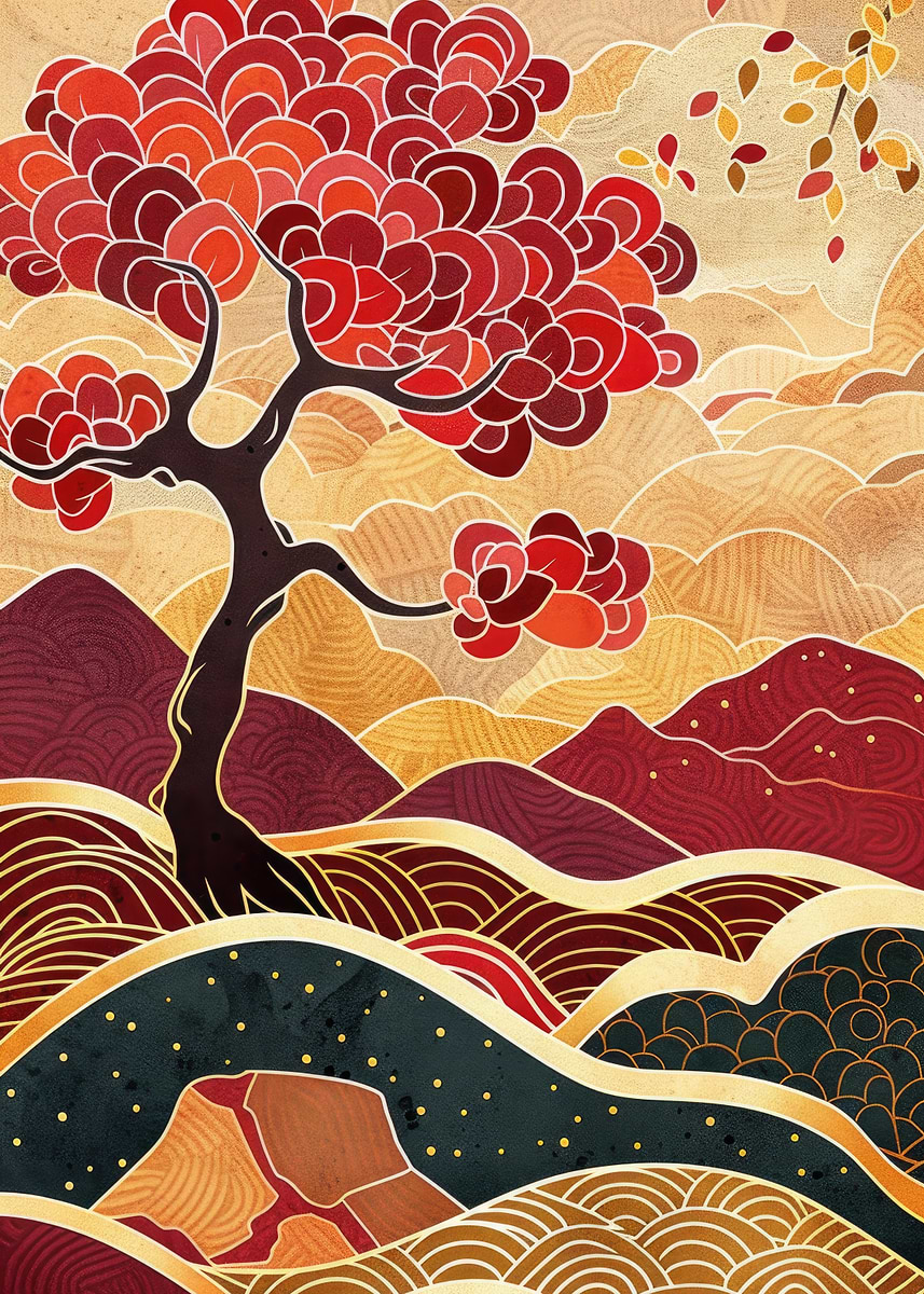 Stylized Japanese Landscape with Tree Kintsugi Art' Poster