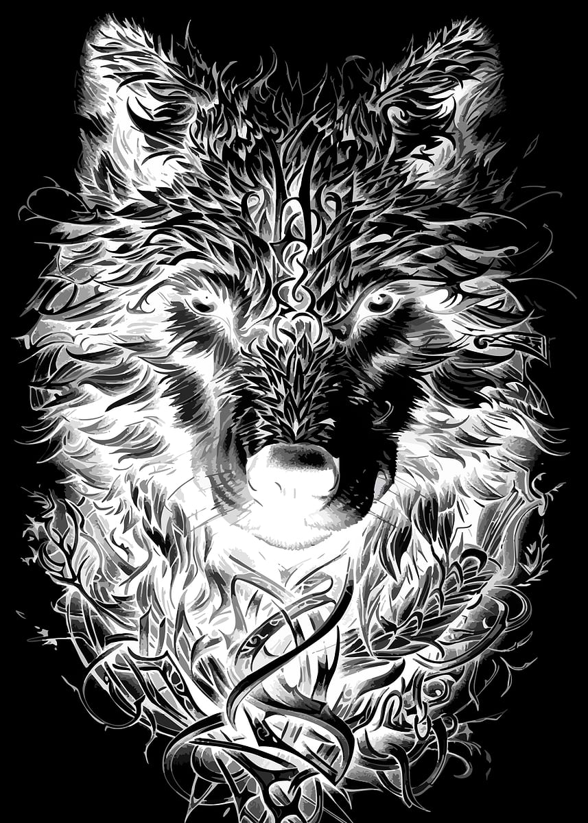 Tribal Wolf with Floral Elements' Poster, picture, metal print