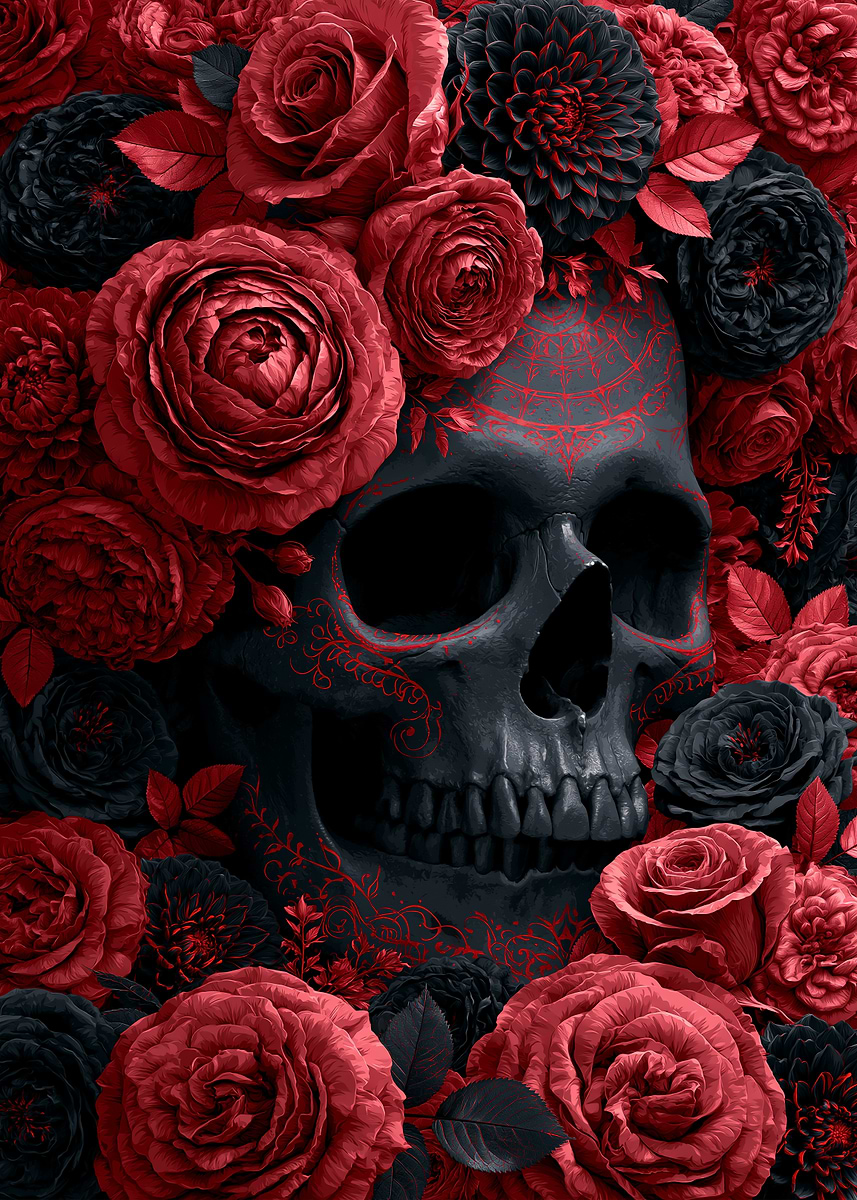 Skull surrounded by red and black roses' Poster, picture, metal