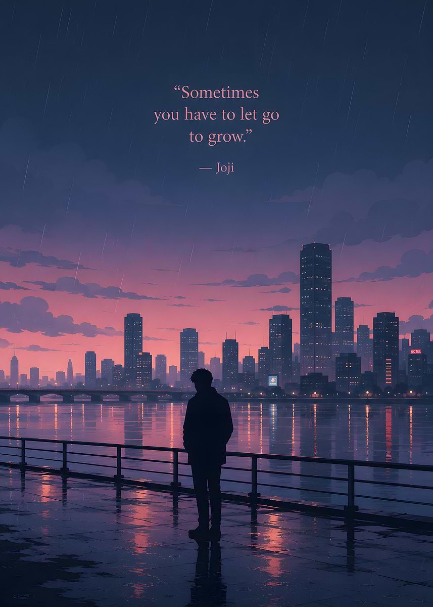 Man watching city skyline in rain' Poster, picture, metal print