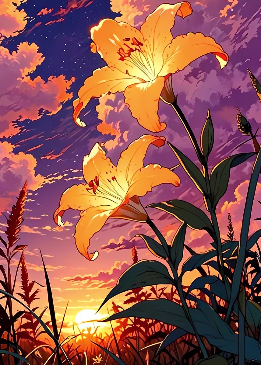 Orange lilies at sunset' Poster, picture, metal print, paint by