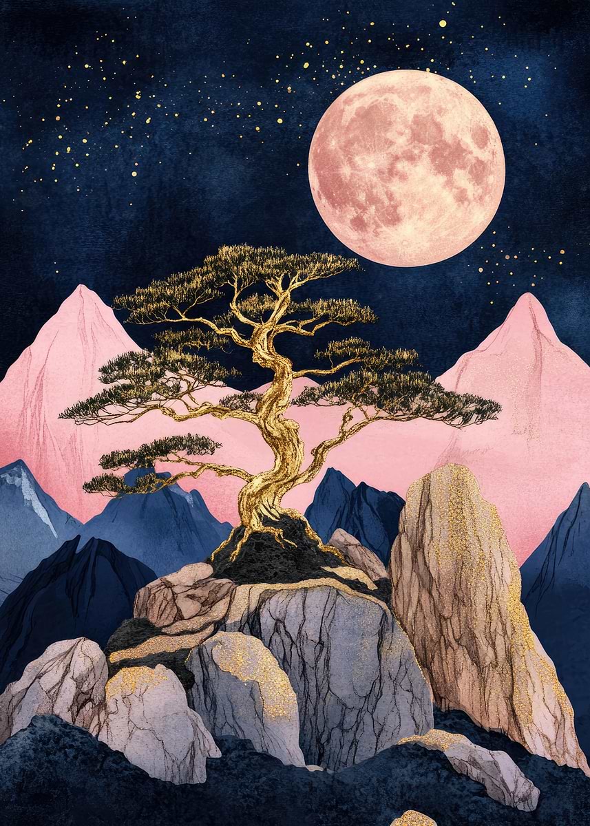 Bonsai Tree Under Pink Moon Kintsugi Art' Poster, picture, metal