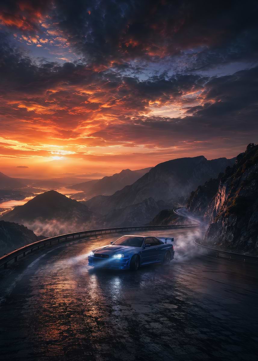 Blue sports car on a mountain road at sunset' Poster, picture