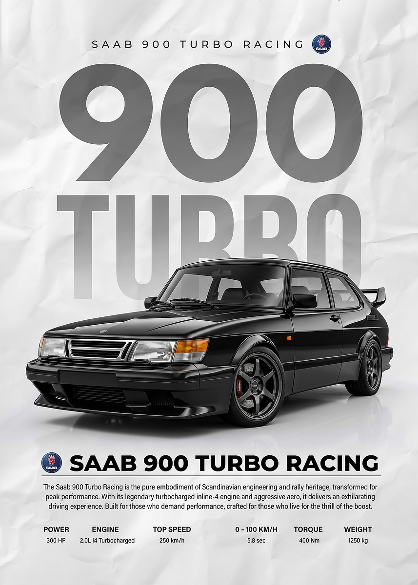 black Saab 900 Turbo Racing Poster' Poster, picture, metal print