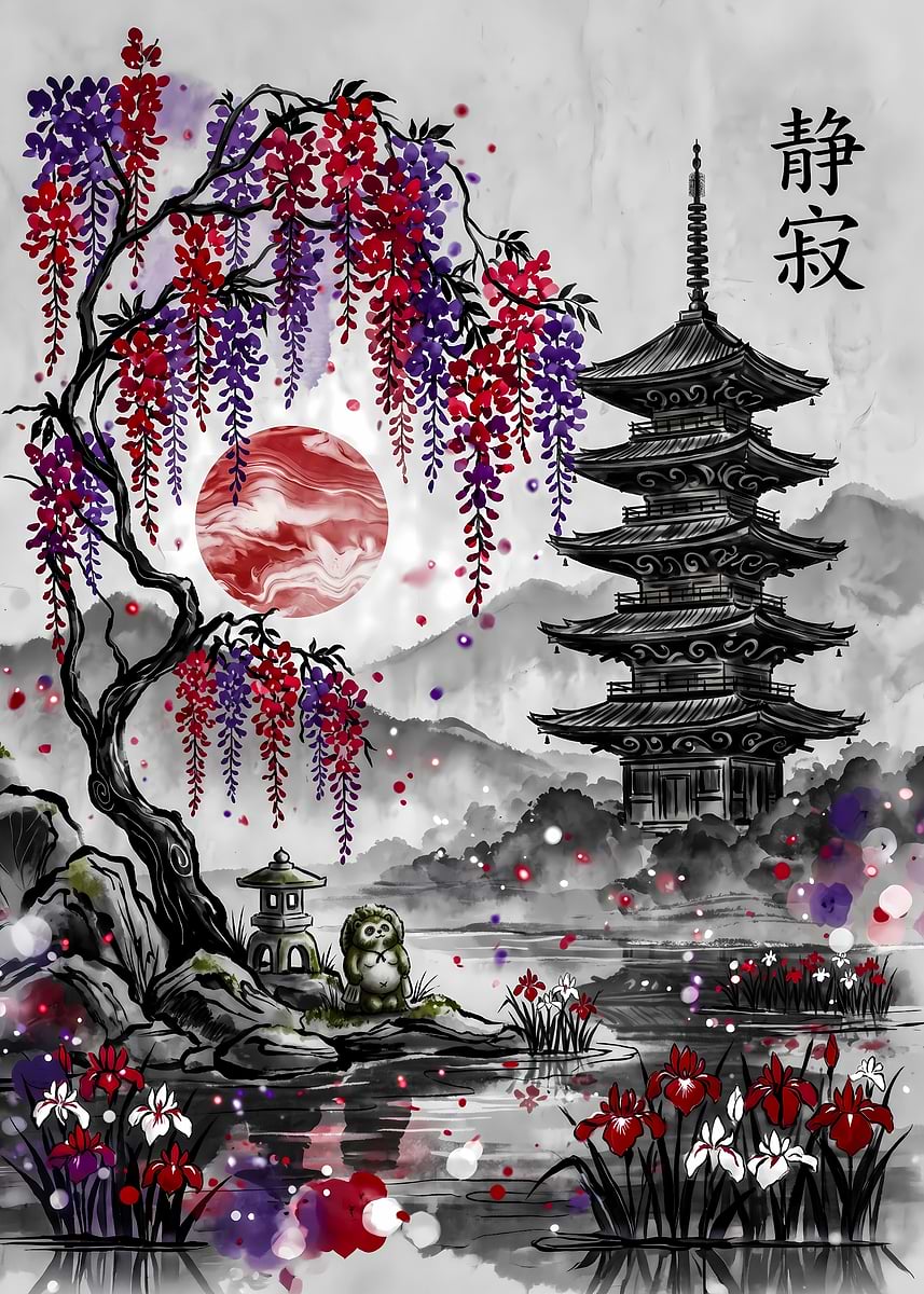 Japanese Pagoda and Wisteria' Poster, picture, metal print, paint