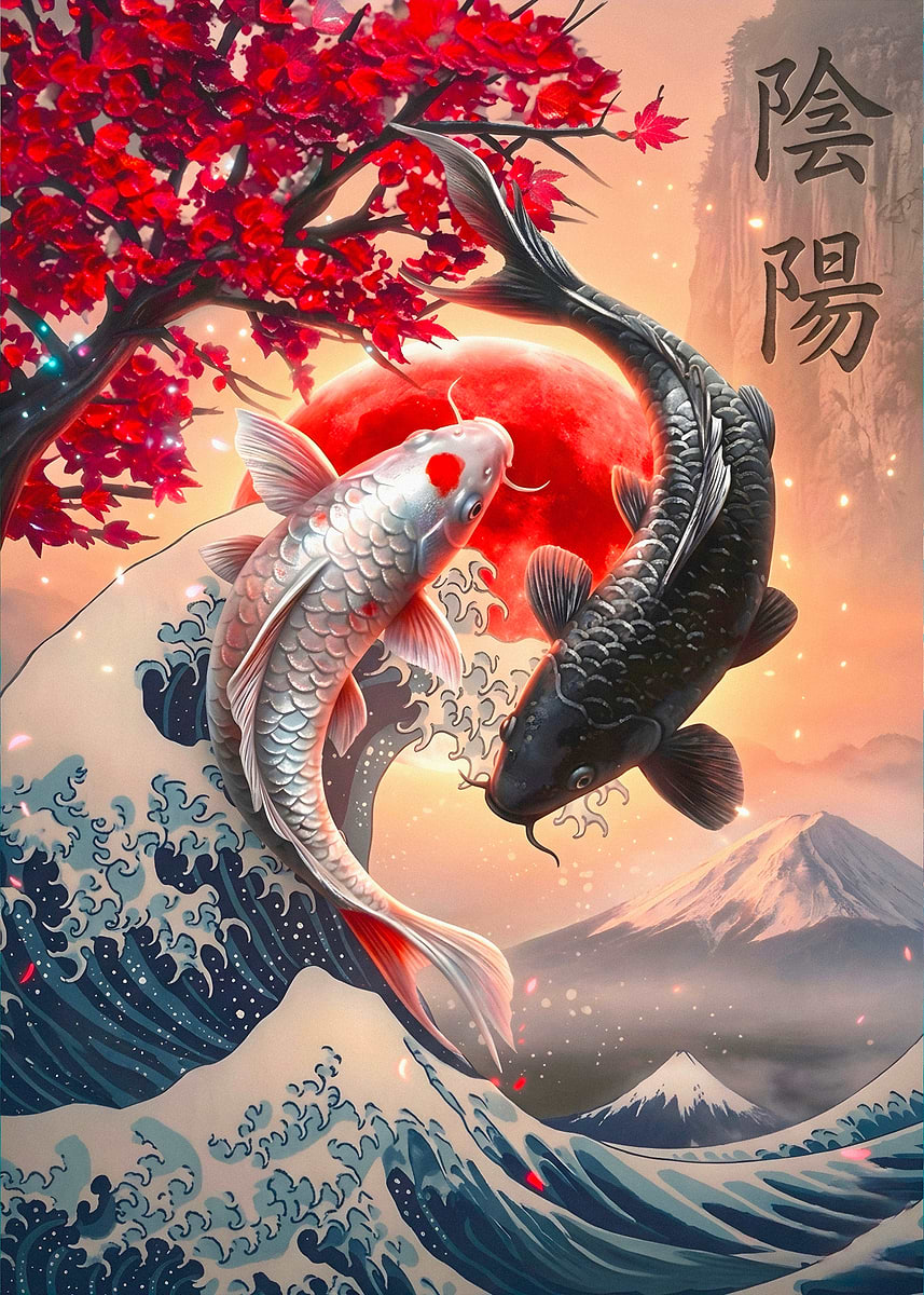 Yin Yang Koi Fish and Mount Fuji' Poster, picture, metal print