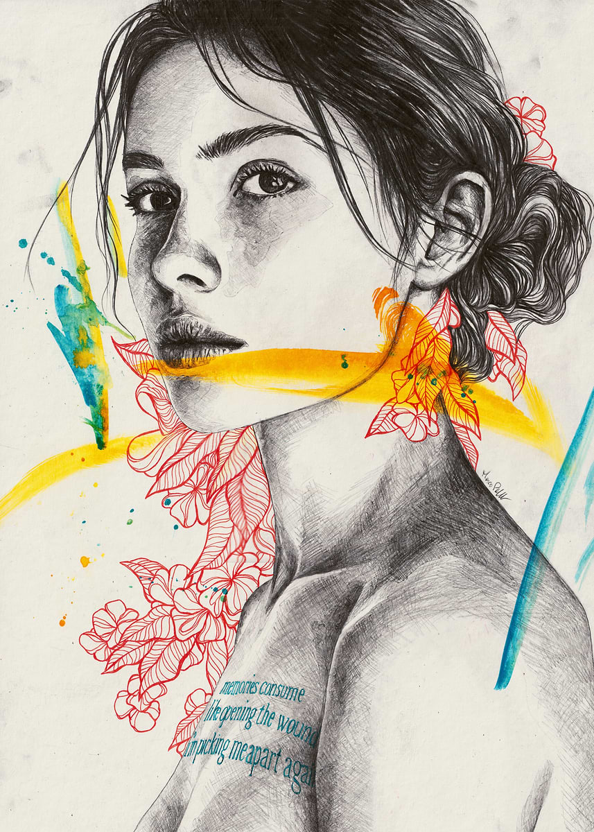 Pencil Sketch of a Woman with Floral Doodles' Poster, picture