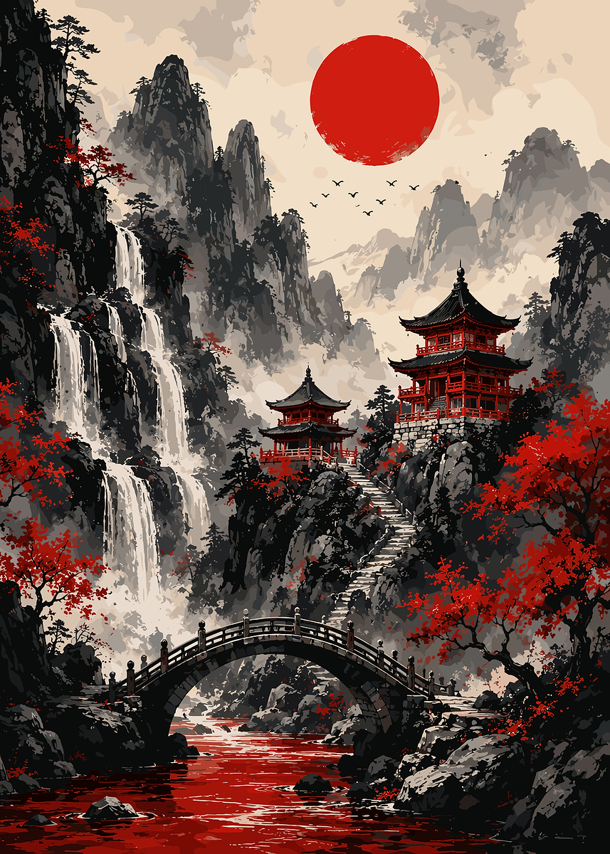 Japanese Mountain Temple Landscape Poster Red Sun Waterfall Wall