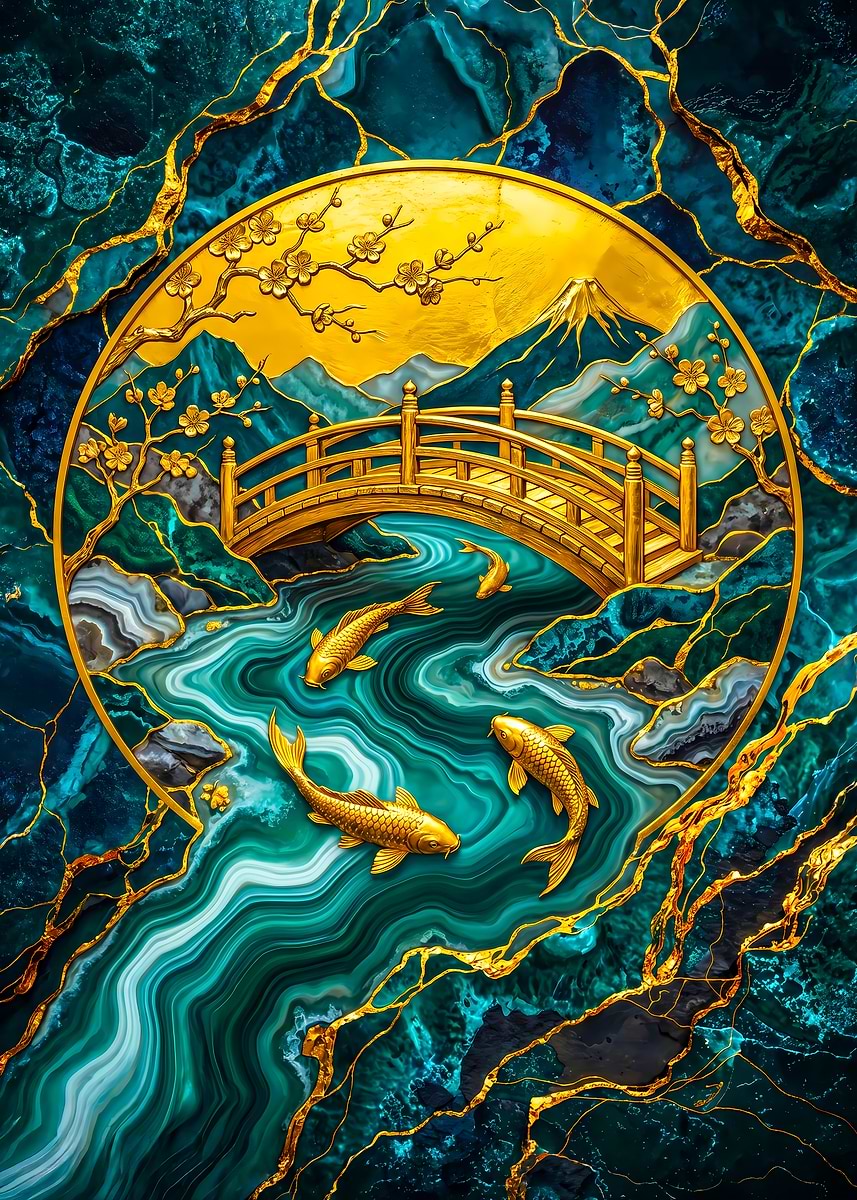 Golden Koi Bridge Japan' Poster, picture, metal print, paint by