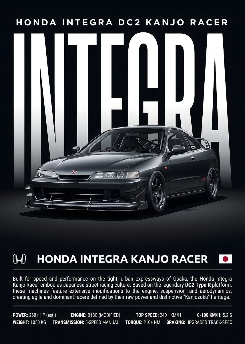 Honda Integra DC2 Kanjo Racer Poster' Poster, picture, metal print
