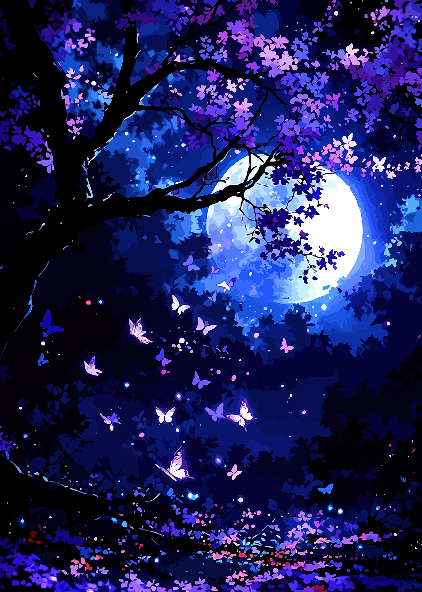 Magical Night with Moon and Butterflies' Poster, picture, metal