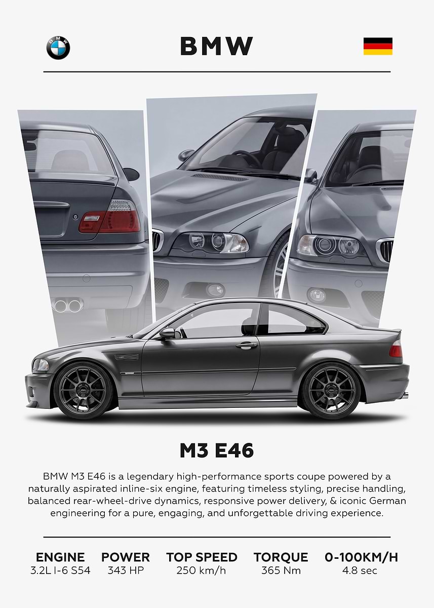 BMW M3 E46 Sports Car' Poster, picture, metal print, paint by