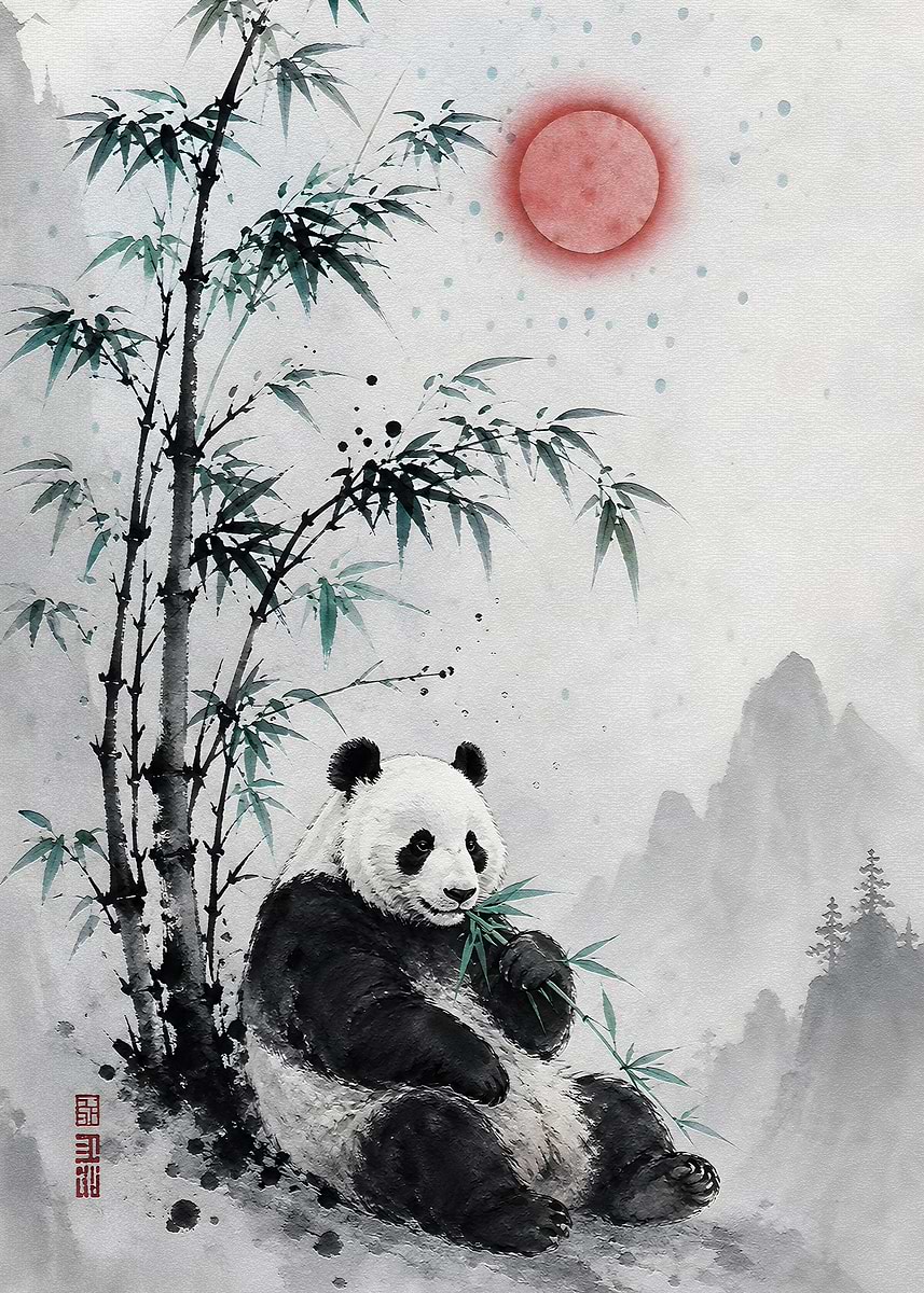Panda Eating Bamboo Under Red Sun' Poster, picture, metal print