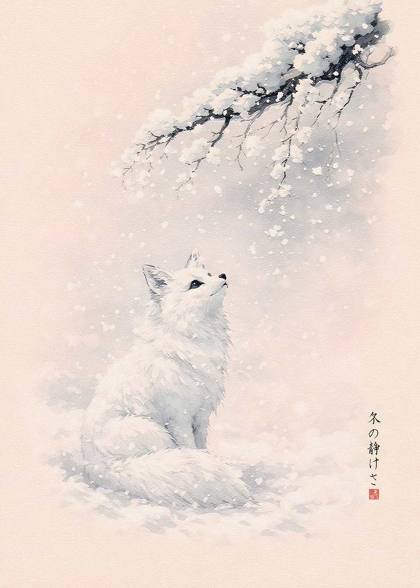 絵画 FOCUSPRIME 5 White Fox in Snow Under Cherry Blossoms' Poster, picture, metal