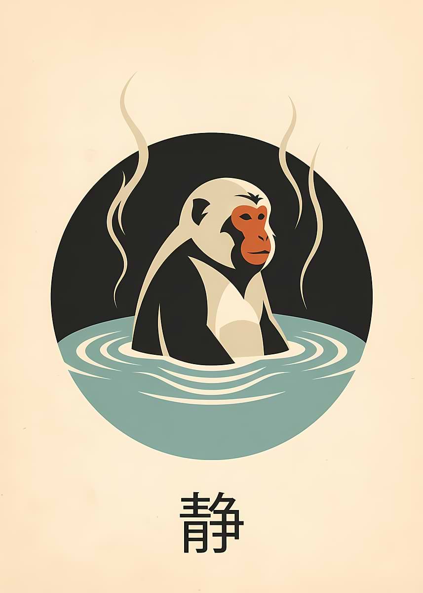 Monkey in Hot Spring with Japanese Kanji' Poster, picture, metal