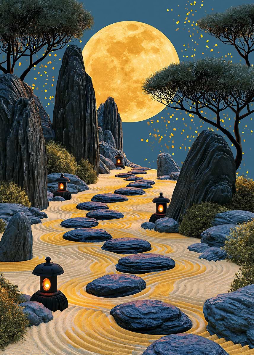 Zen Garden Path Under a Full Moon' Poster, picture, metal print