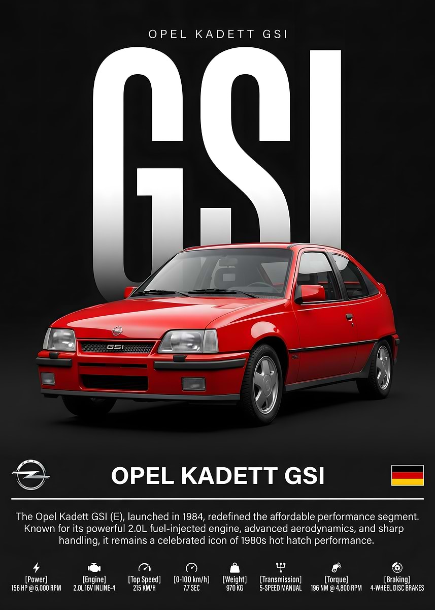 Opel Kadett GSI Hot Hatch' Poster, picture, metal print, paint by