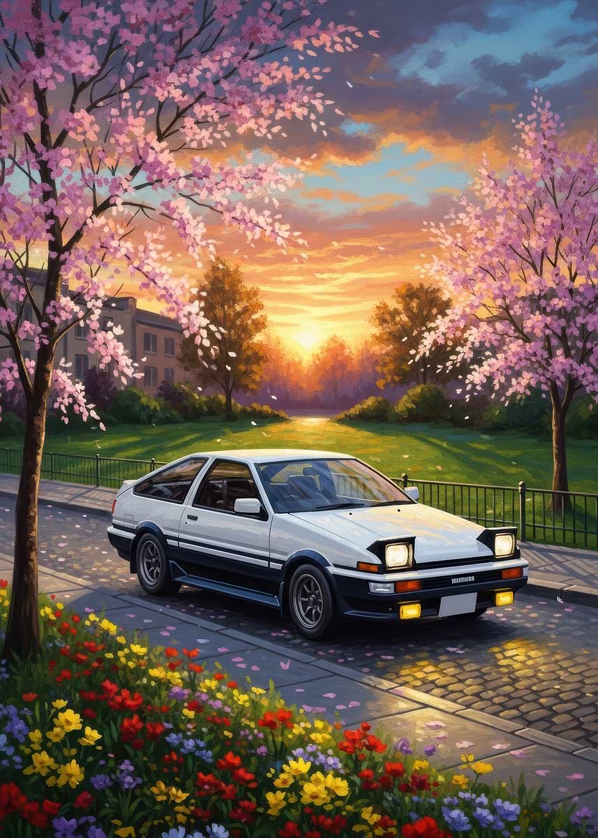 レア　1980's　スペースエイジ　ポストモダン　アート　ポップ　キャビネット Retro Car in Cherry Blossom Park' Poster, picture, metal print