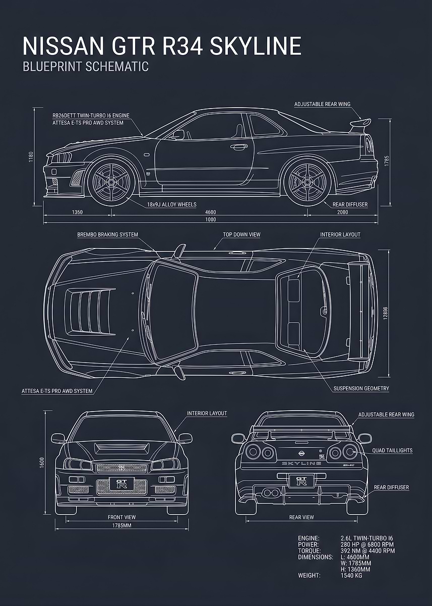 Gt R R34 Blueprint Basic 'Nissan GTR R34 Skyline Blueprint' Poster, picture, metal print, paint ...