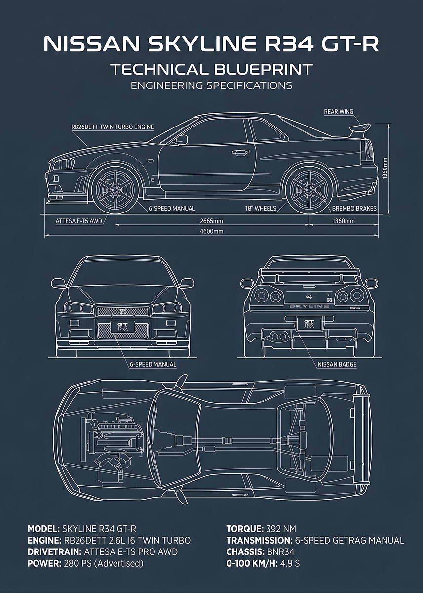 Car Bulprint Gt R R34 'Nissan Skyline R34 GT-R Blueprint' Poster, picture, metal print, paint ...