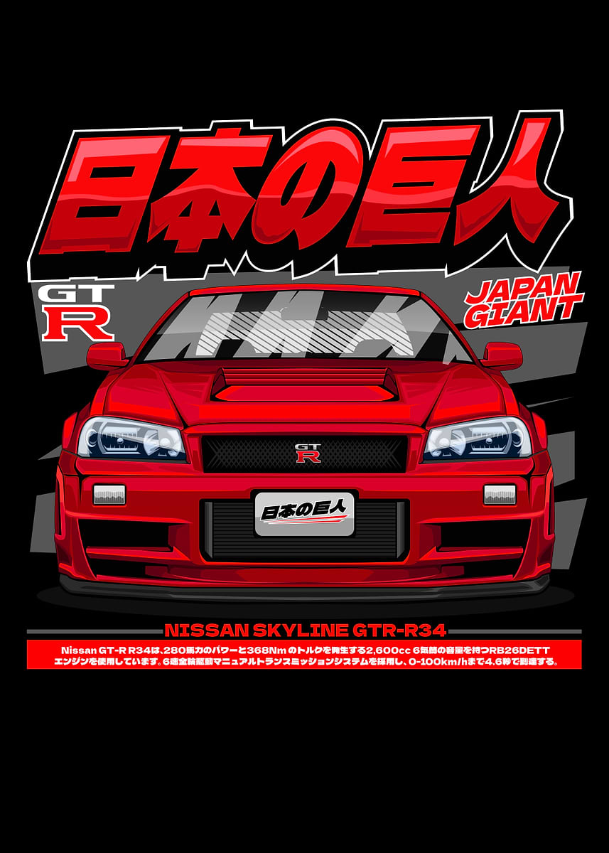 RED Nissan Skyline GT-R R34 'Japan Giant'' Poster, picture, metal